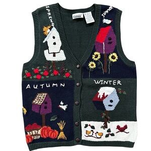 VTG Birdhouse Seasons Sweater Vest Spring Fall Autumn Winter Cottagecore Knit S